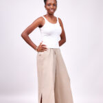 A-Line Linen Pants with Side Slits - Tan