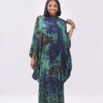 African Adire Cotton Boubou with Beaded Neckline - Green & Blue
